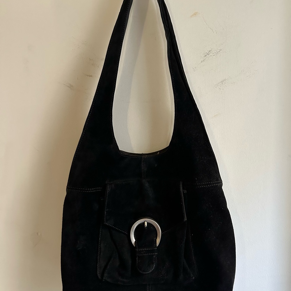 Leather Co Black Suede Hobo Shoulder Bag Silver Buckle Boho Y2K